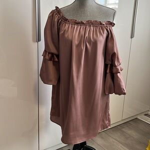 BLUSH Satiny Off-Shoulder Puff Sleeve Lined Dress in Blush, Size M